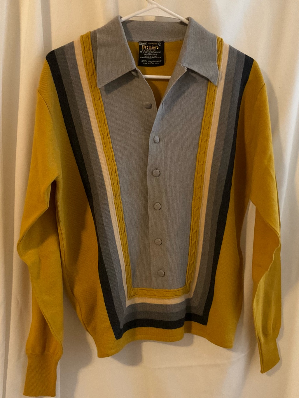 Premier Vintage Mustard & Gray Striped Button-Front Knit Polo 100% Virgin Wool